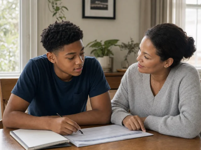 A mother working through schoolwork with her teenage son