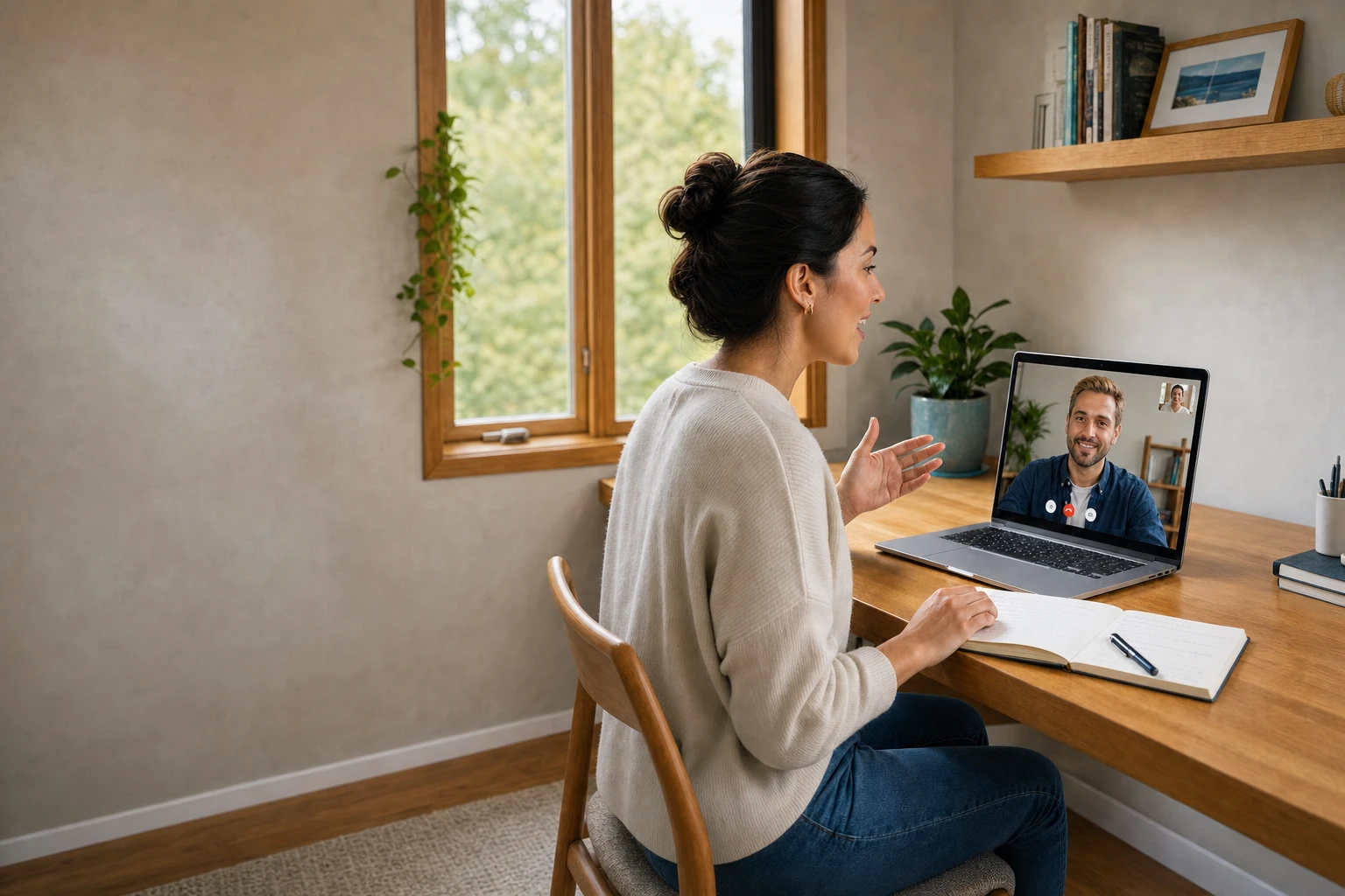 A woman taking an online lesson with a male tutor