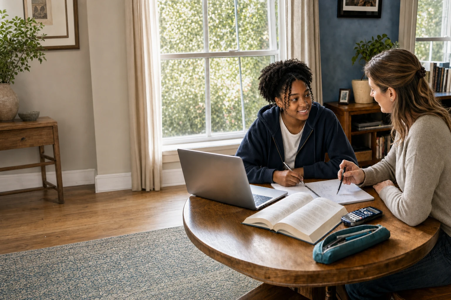 A female tutor helping a high-school girl with maths at home