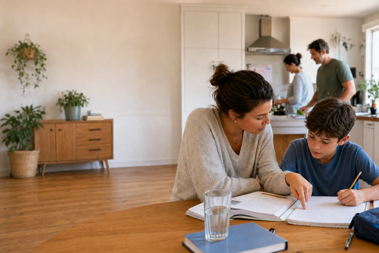 A female tutor helping a primary-school boy with his work at home