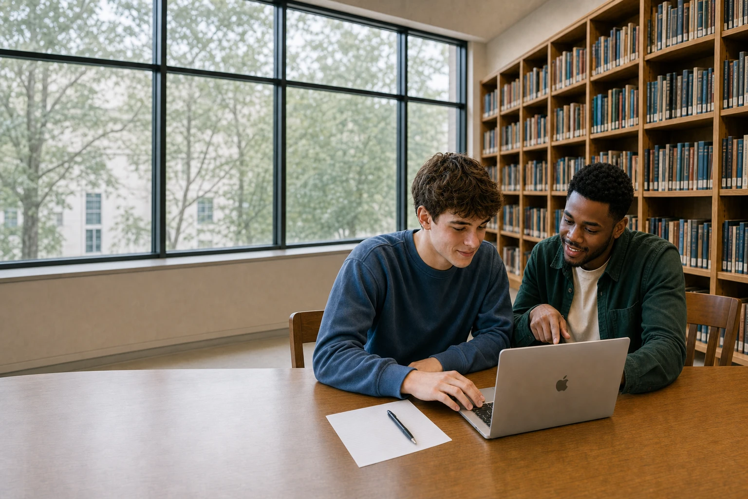 A male university tutor helping a male student on a laptop