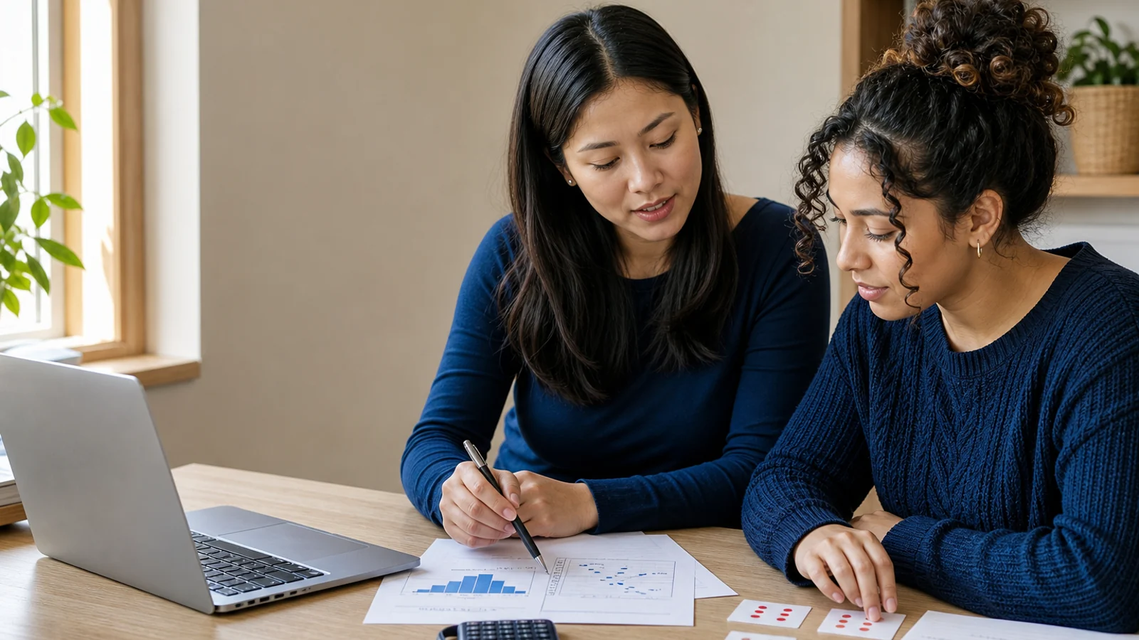 A female Statistics tutor and female learner comparing a histogram and scatter plot
