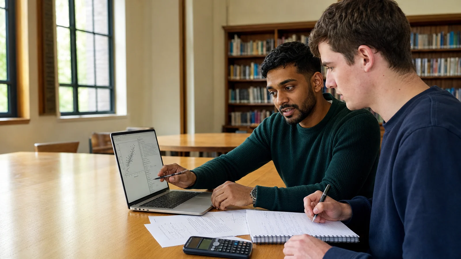 A male university Statistics student and male tutor analysing a scatter plot