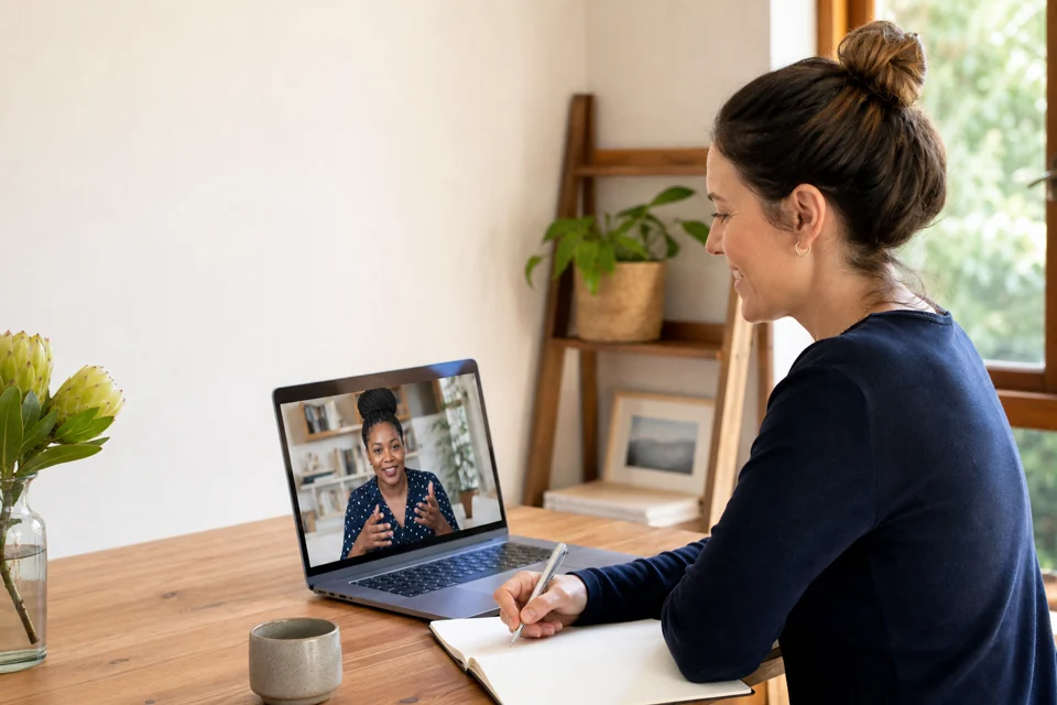 A woman learning a language online with a female tutor