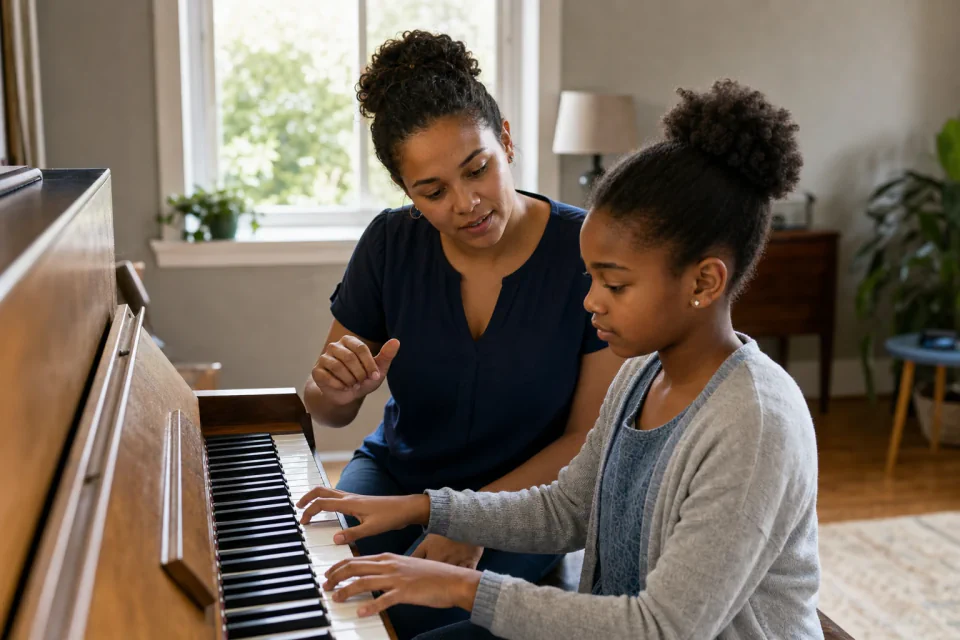 A music teacher helping a learner practise at the piano