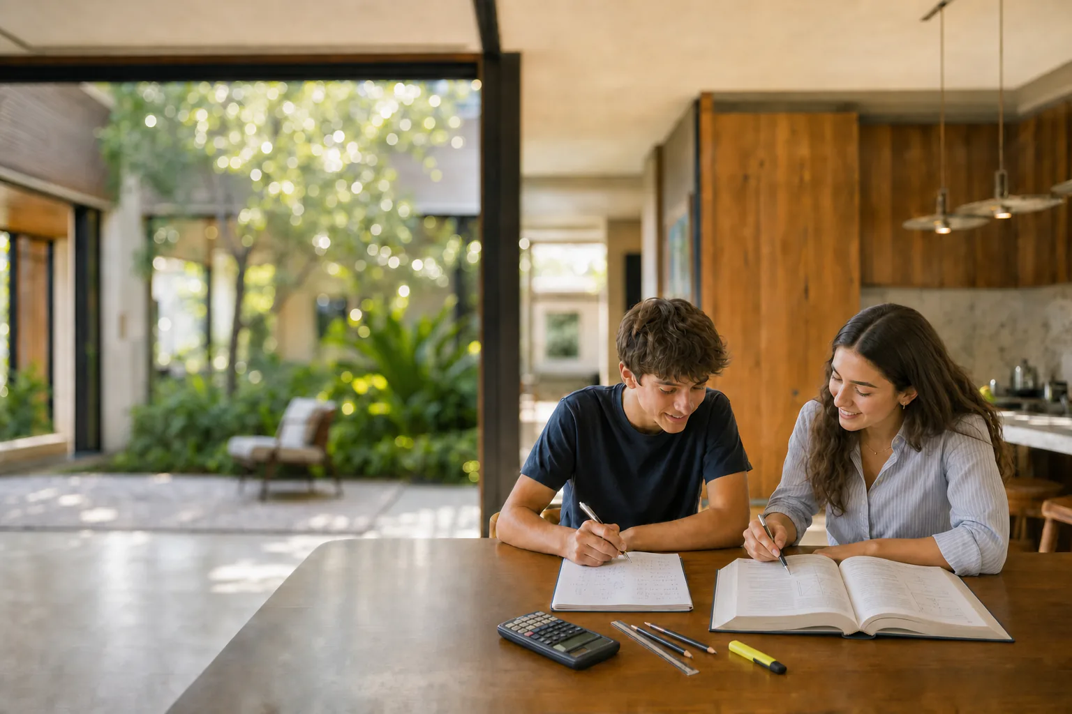 A tutor and a student working through a notebook together at a kitchen table