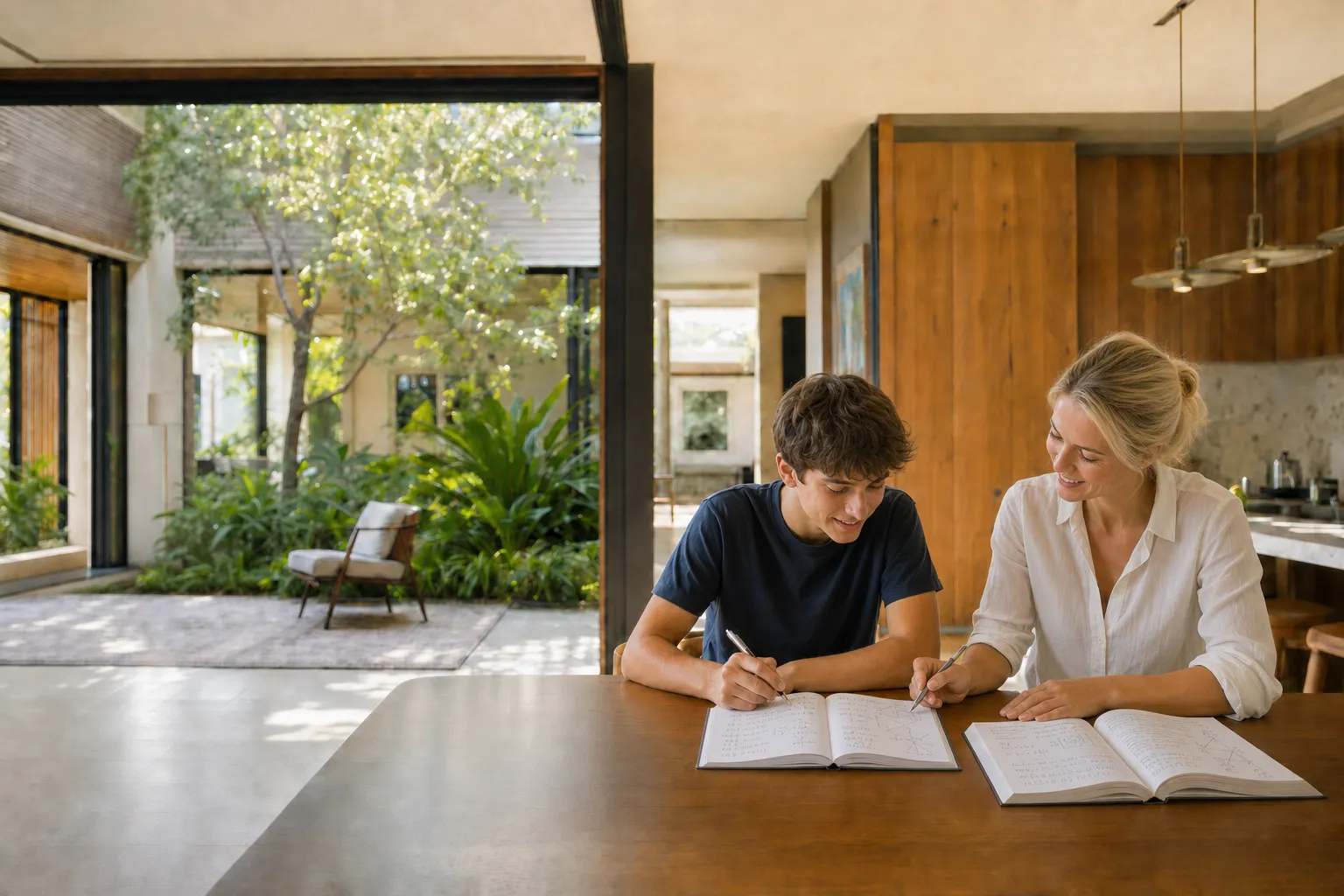 A tutor and a student working through a notebook together at a kitchen table