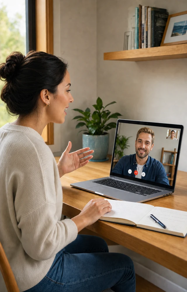 A woman taking an online lesson with a male tutor
