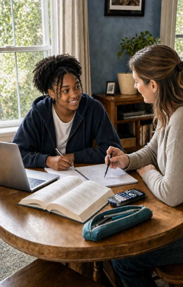 A female tutor helping a high-school girl with maths at home