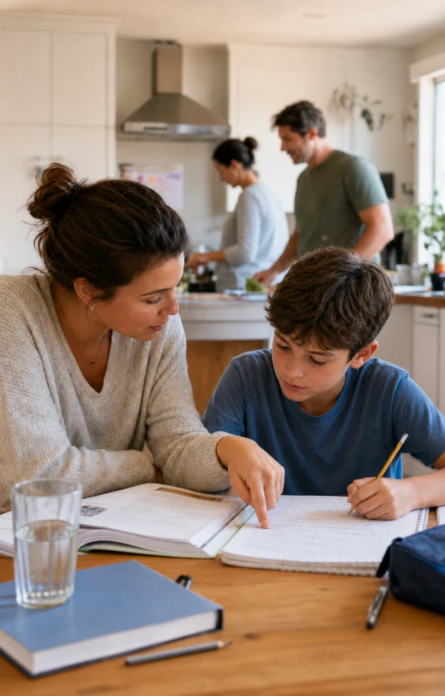 A female tutor helping a primary-school boy with his work at home