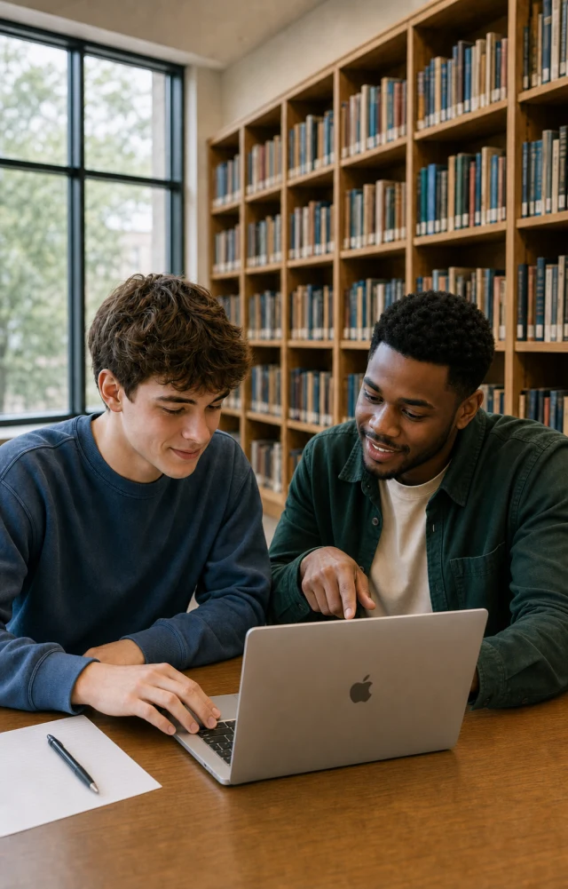 A male university tutor helping a male student on a laptop