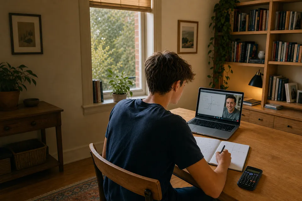 A student in an online maths lesson at home
