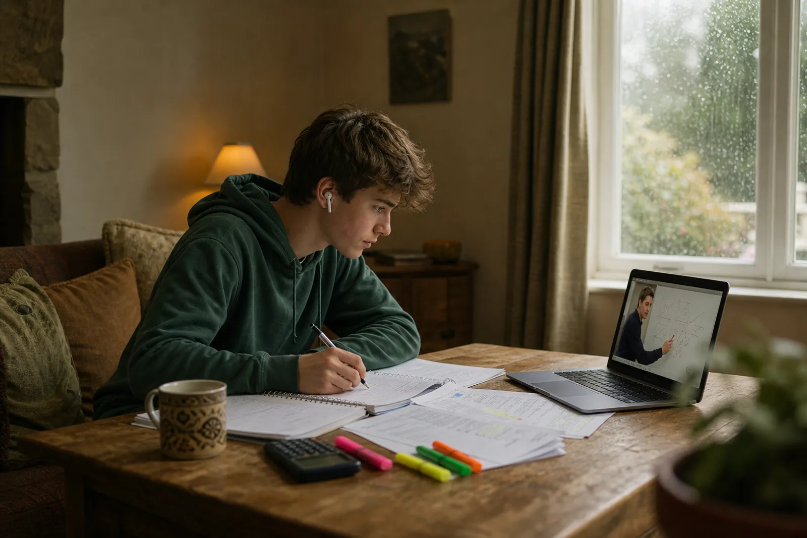 A student working through notes at home during the school holidays