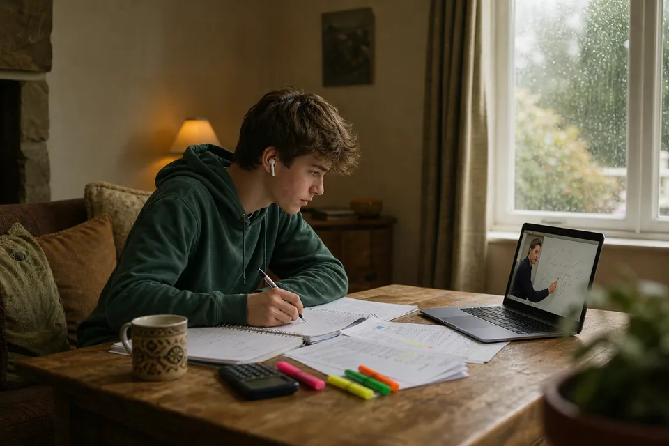 An Irish student in an online grind at home, rain on the window