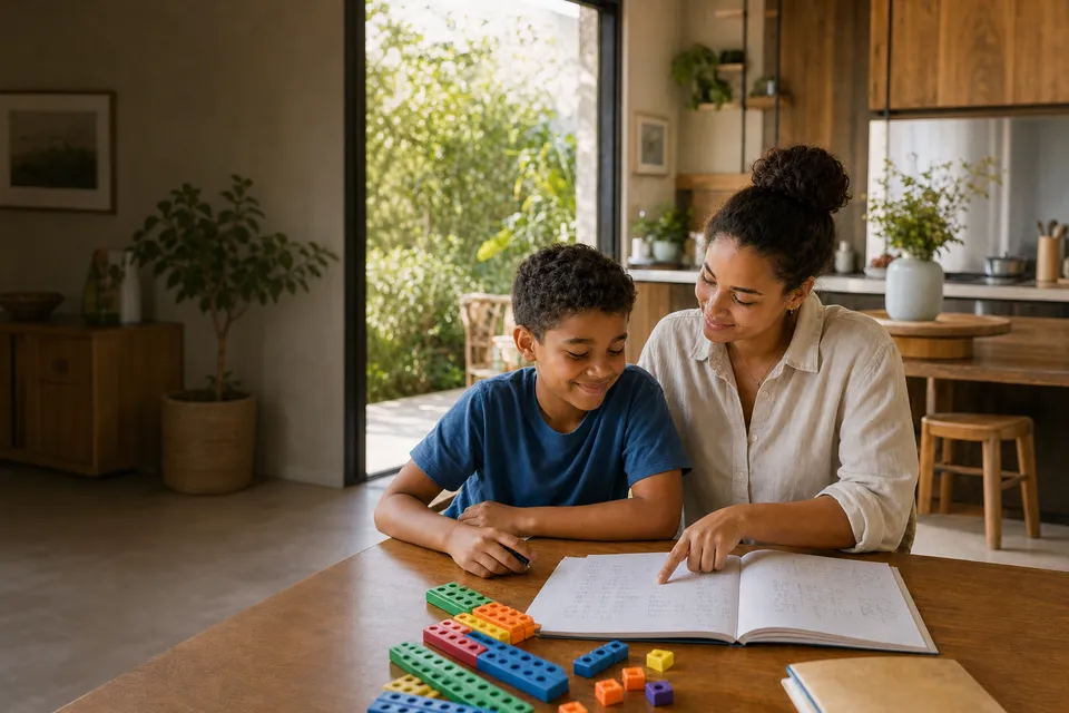 A tutor helping a child with maths at a kitchen table