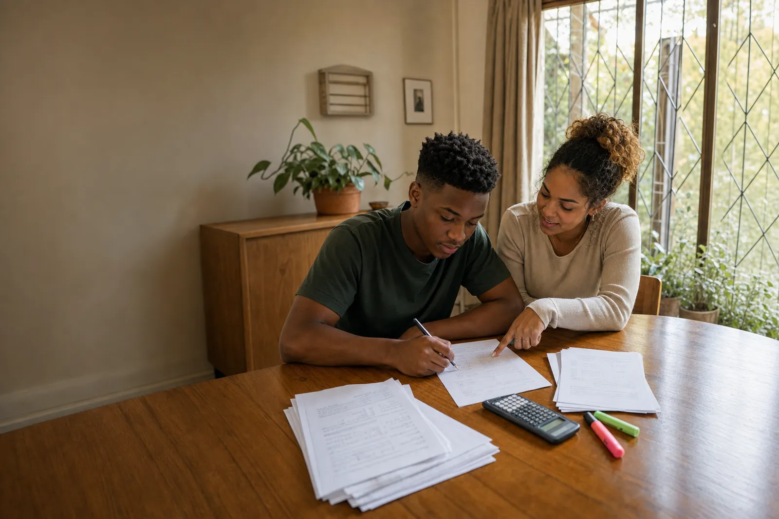 A matric student and tutor working through a printed past exam paper together