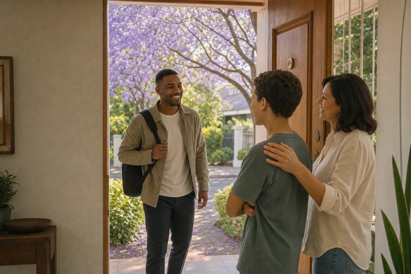 A tutor being welcomed at the front door of a Pretoria family home, jacarandas in bloom on the street