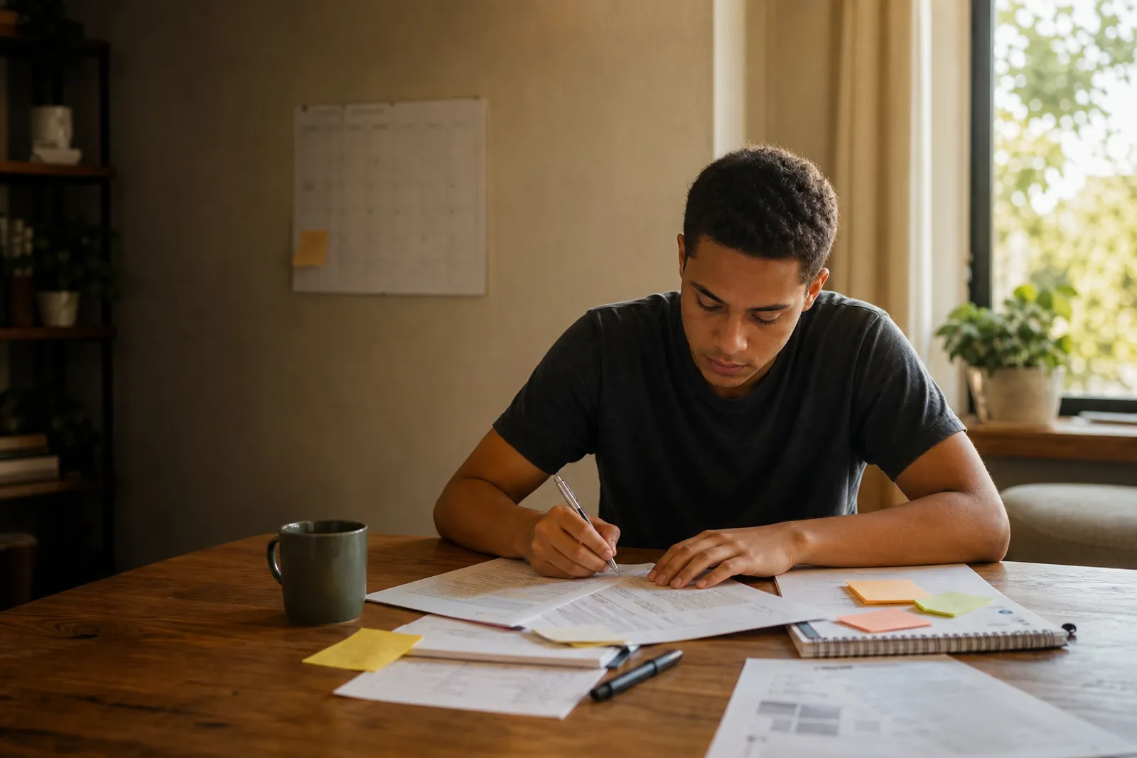 A determined young adult studying past papers with a wall calendar and sticky notes