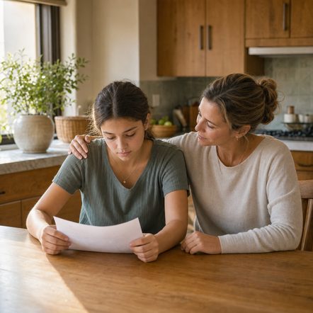 Worried mother and daughter looking at poor exam results