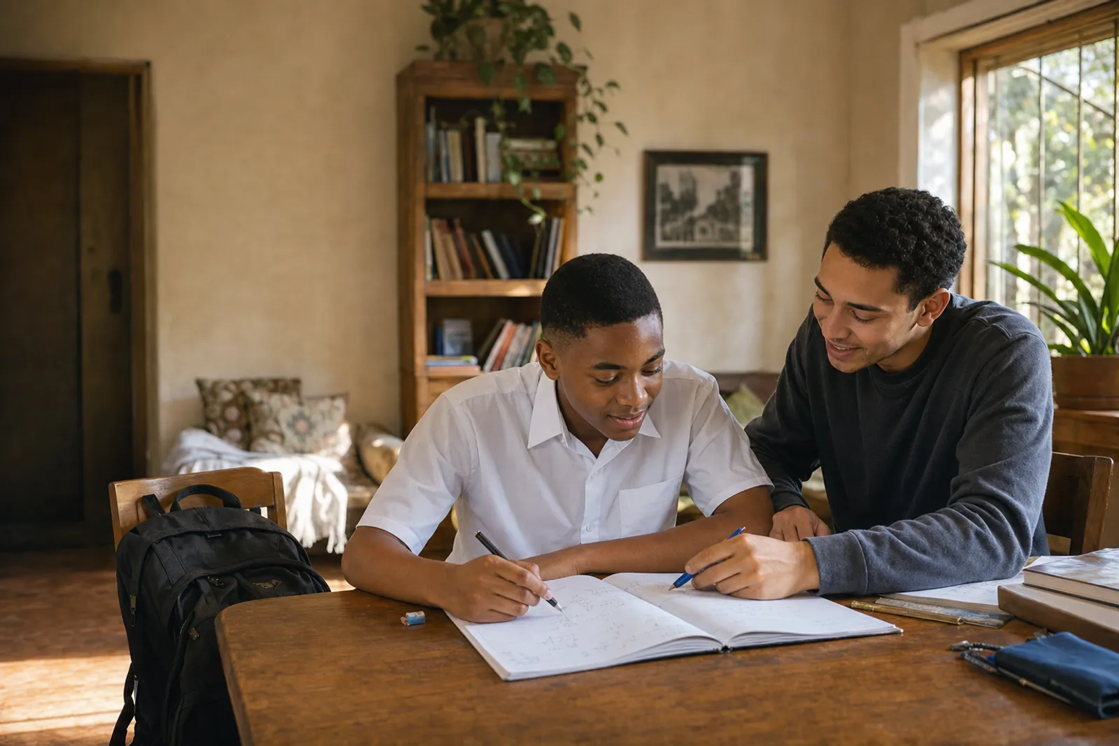 A high-school learner working with a tutor at home after school