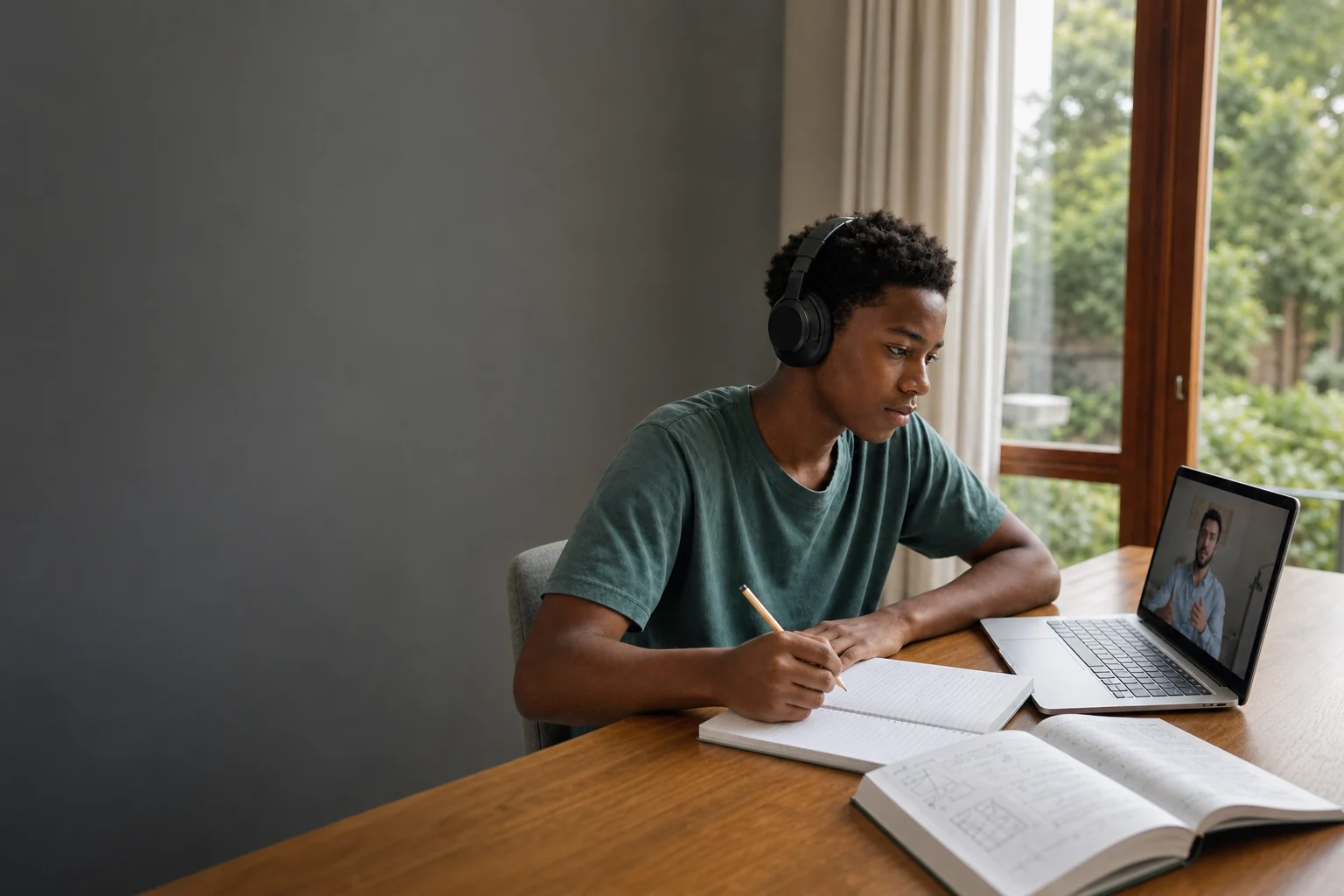 A high-school learner taking notes during an online maths lesson at home
